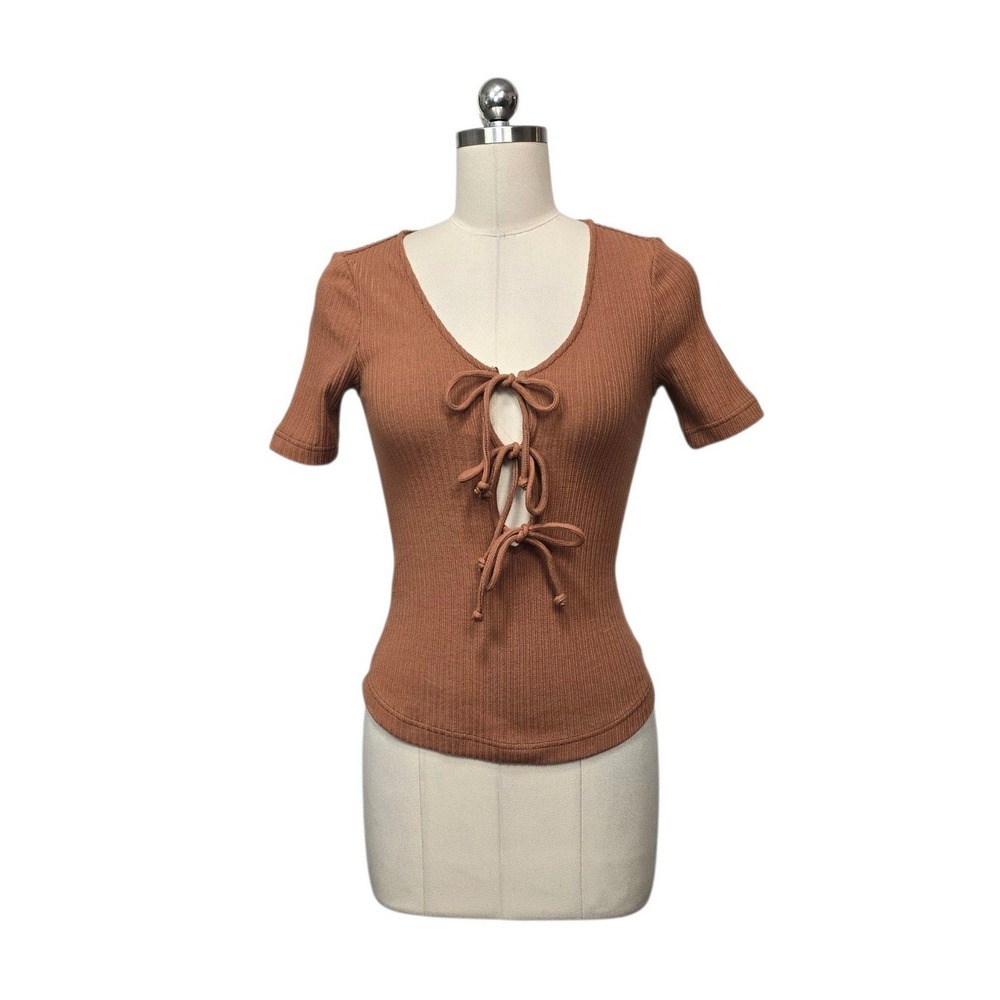 Free People Womens XS Terracotta Brown Ribbed Tie Front V-Neck Top Short Sleeve